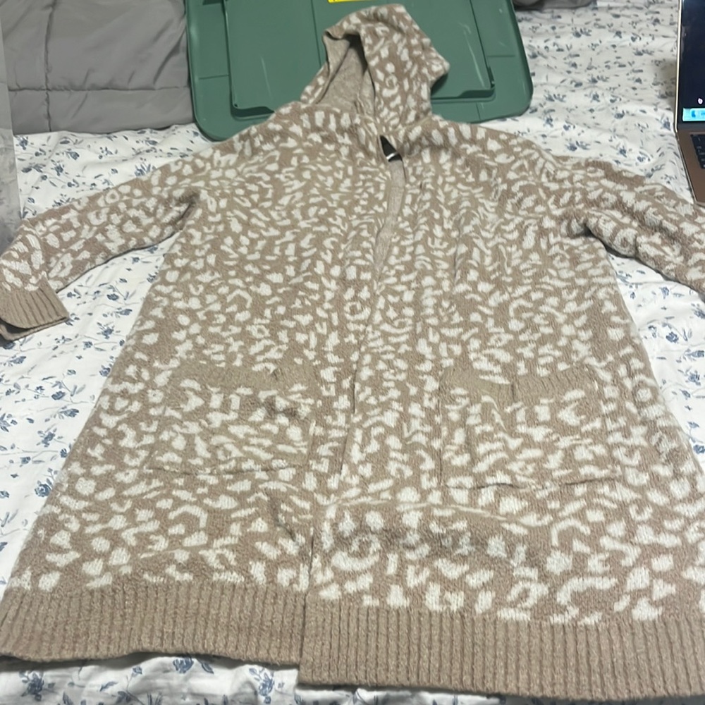 Rachel Zoe Hooded Cardigan Sweater Large - Open Tan White Leopard Print